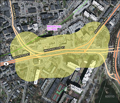 Map of the Gateway East project in Brookline, which includes signal and intersection improvements on Route 9, between Washington Street and Brookline Avenue.